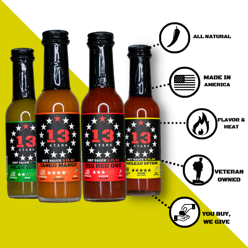 13 Stars Hot Sauce - 4-Pack Variety (Mean Green, Big Red One, Tango Mango, Nuclear Option)