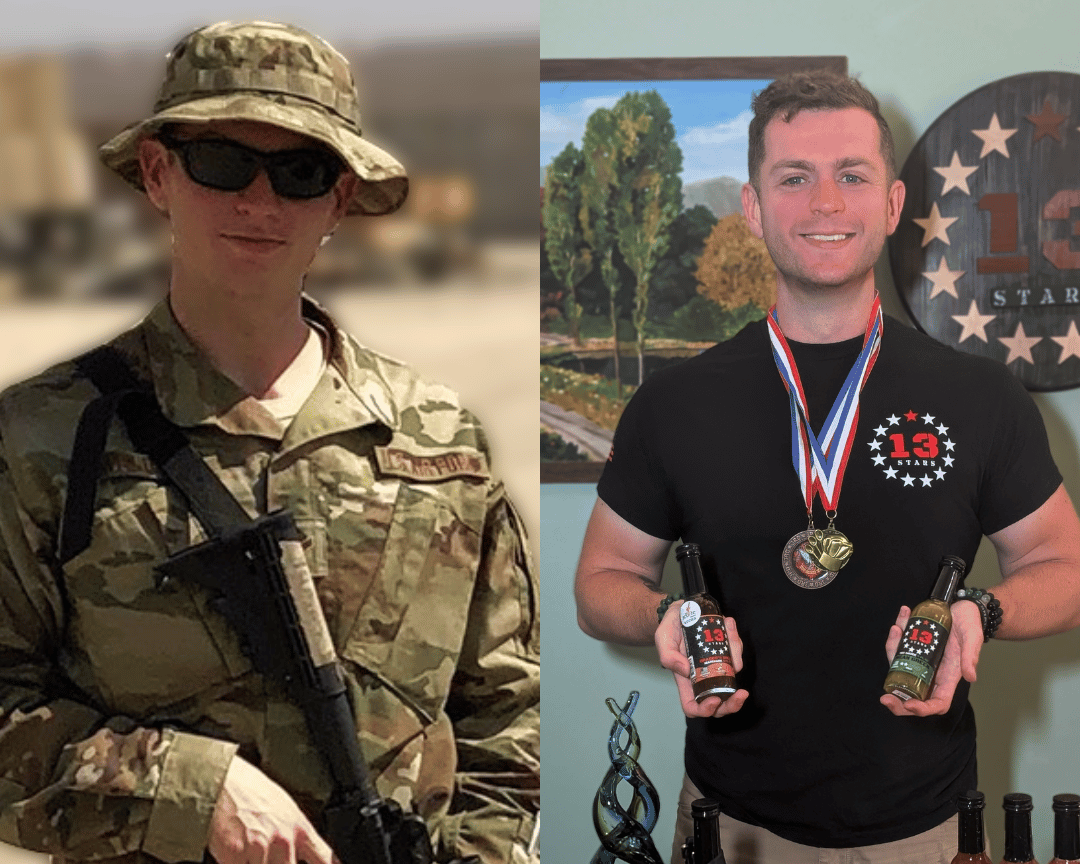Sean in military uniform holding a rifle on one side and Sean again with awards and bottles on the other, against a neutral background.