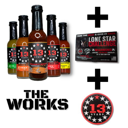 13 Stars Hot Sauce - The Works (5-Pack Variety, Lone Star Challenge, and Free 13 Stars Patch)