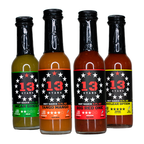13 Stars Hot Sauce - 4 Pack bundle of all of the sauces 13 stars offers (Big Red One, Mean Green, Nuclear Option, and Tango Mango)