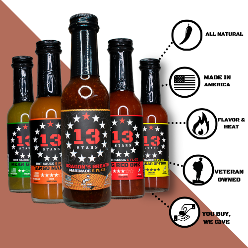 3 Bottles of 13 Stars Hot Sauce -5-Pack Variety (Dragons Breath, Mean Green, Big Red One, Tango Mango, & Nuclear Option) 