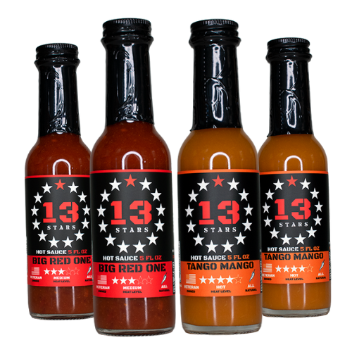 4 Bottles of 13 Stars Hot Sauce (2 Big Red One and 2 Tango Mango)