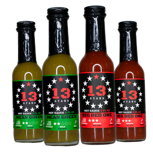 4 Bottles of 13 Stars Hot Sauce (2 Big Red One and 2 Mean Green)