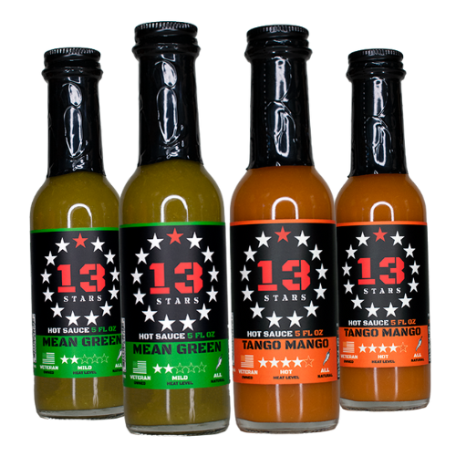 4 Bottles of 13 Stars Hot Sauce (2 Tango Mango and 2 Mean Green)